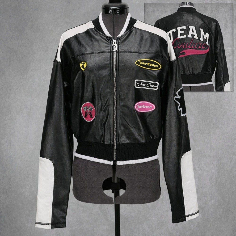 Juicy Couture Racing Moto Bomber Cropped "Team Couture" Varsity Jacket Small Y2K